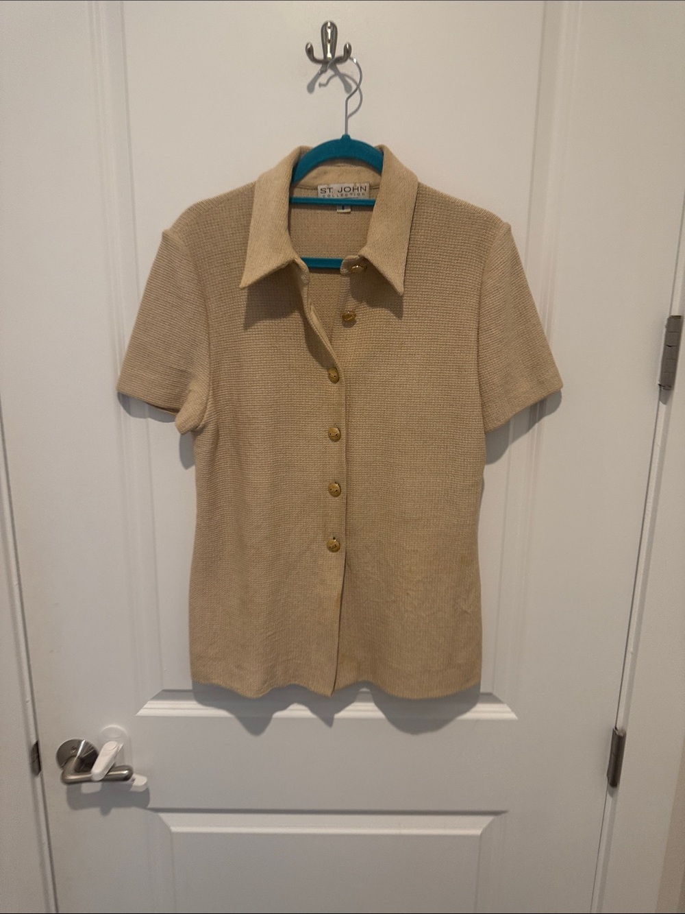 St. John Sand-Beige Short-Sleeve Knit Button Front Top